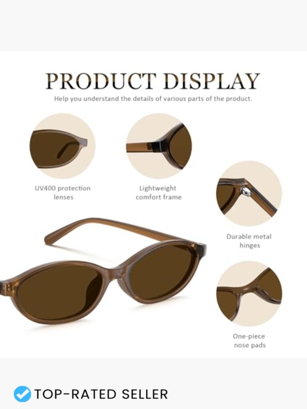 Retro Oval Cat Eye Sunglasses Y2K 90s UV400 Protection Lightweight Narrow Shades - Picture 5 of 7